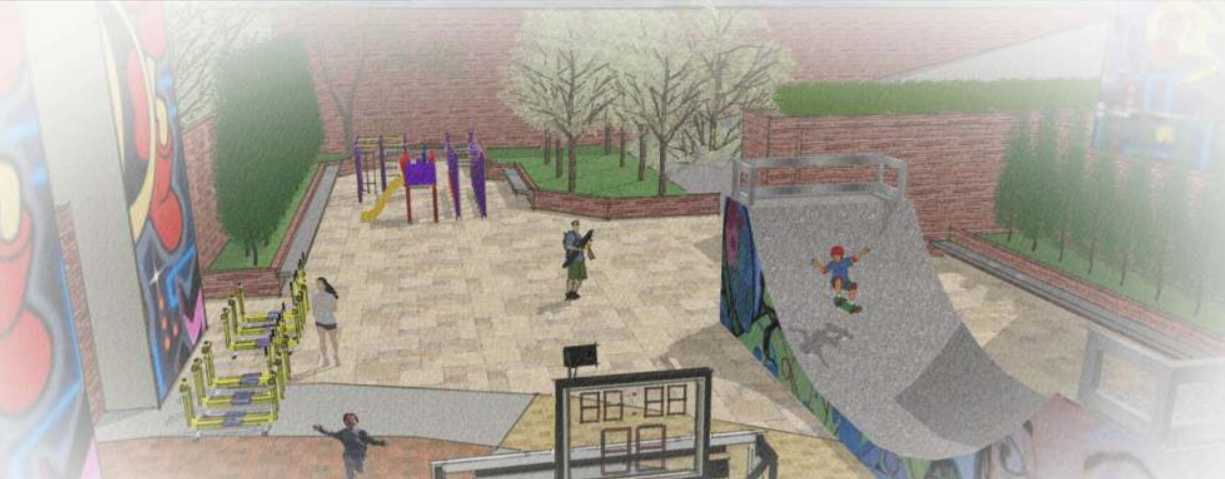 Ilustração colorida é uma maquete 3D meramente ilustrativa de como ficará o espaço o centro após revitalização. É possível ver uma rampa de skate onde um menino brinca. pessoas caminham,  é possível ver equipamentos de ginástica e canteiros arborizados 